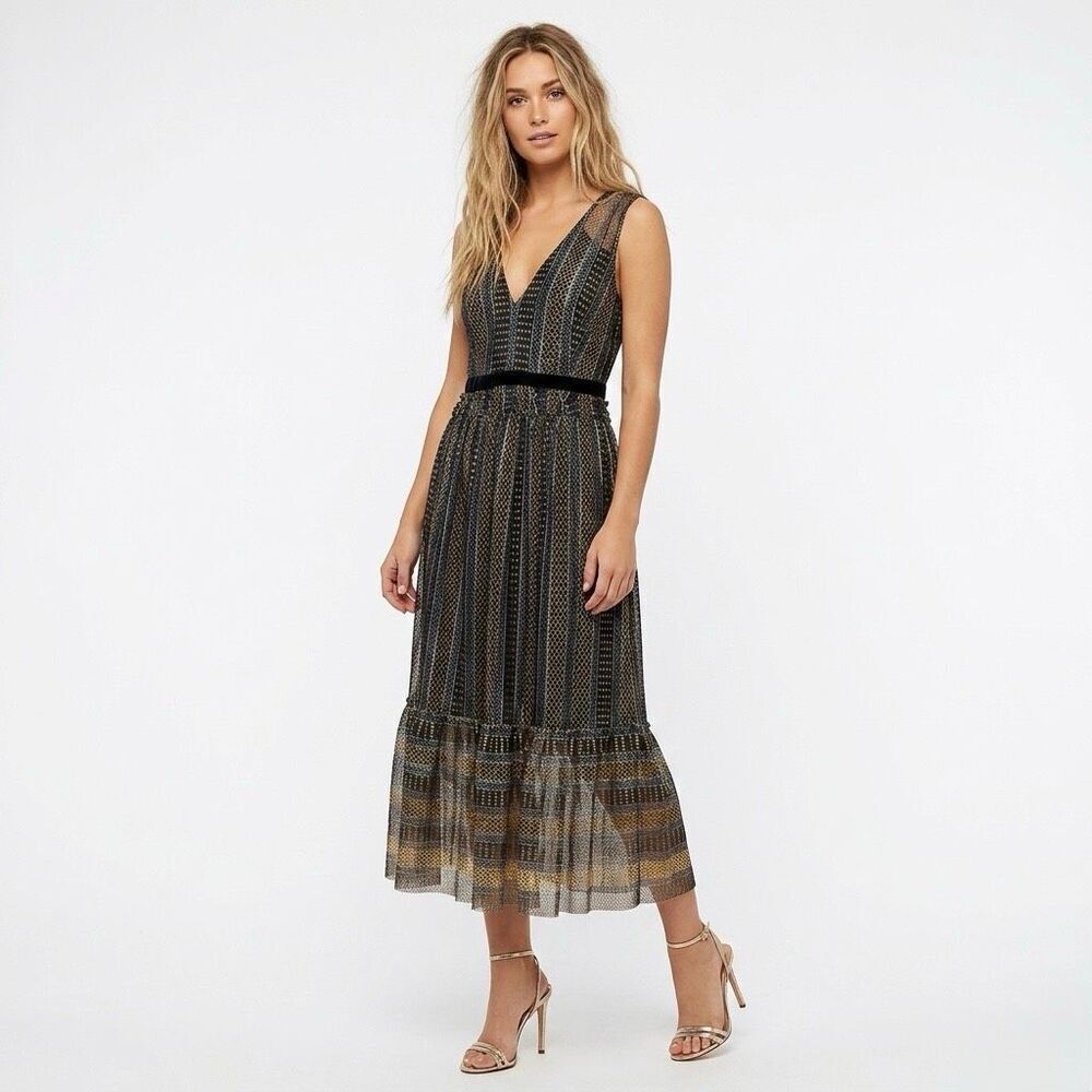 Twinset Milano Lurex Lace Metallic Midi Dress Ruffle V Neck Dark Coquette 6 LBD